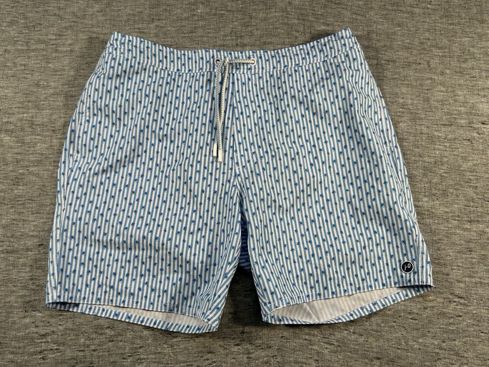 Johnnie-O Ponce Swim Trunks Mens Large Breaker Blue White Stripes Palm Trees AOP